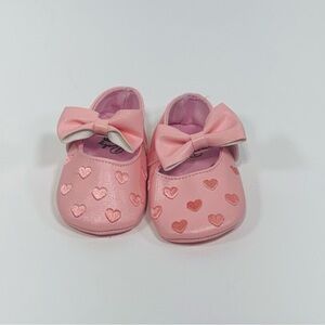 Pink Baby Shoes with Bow & Hearts (Size 6-12 Months)